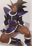  absurdres arm_support armor blue_eyes boots brown_hair dark_skin dark_skinned_male dragon_ball dragon_ball_z fingerless_gloves gloves highres looking_at_viewer male_focus monkey_tail muscle pauldrons sitting solo spiked_hair spread_legs supobi tail tullece 