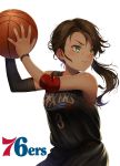  1girl arms_up ball bare_shoulders basketball basketball_uniform brown_hair character_request clothes_writing commentary_request cowboy_shot dark_skin detached_sleeves elbow_pads fingernails green_eyes highres holding holding_ball long_hair looking_away looking_to_the_side national_basketball_association parted_lips ponytail serious simple_background single_detached_sleeve solo sportswear sweat white_background wristband yakkuro 