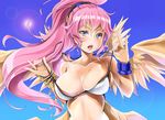  angel angel_wings archangel_metatron_(p&amp;d) bangle bikini blue_eyes blue_sky blush bracelet breasts cleavage collarbone day jewelry large_breasts lens_flare long_hair midriff multiple_wings open_mouth pink_hair puzzle_&amp;_dragons skindentation sky solo strap_pull swimsuit taiyaki_a undressing untied untied_bikini very_long_hair white_bikini wings 