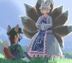  1girl animal_ears backlighting blonde_hair blue_eyes blue_overalls blue_sky commentary crossover day dress eye_contact facial_hair fox_boy fox_ears fox_girl fox_tail frilled_dress frills gloves grass green_hat green_shirt hat highres long_sleeves looking_at_another luigi mario_(series) multiple_tails mustache on_grass outdoors overalls own_hands_together pink_frills profitshame shirt short_hair sky super_mario_bros. tabard tail touhou trait_connection white_gloves wide-eyed wide_sleeves yakumo_ran yellow_eyes 