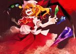  aguruma_(yukisita03) ascot bat_wings blonde_hair flandre_scarlet flower full_moon hat moon open_mouth red_eyes red_moon red_sky ribbon rose short_hair side_ponytail sky smile solo touhou wings 