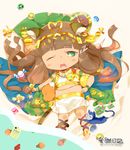  animal_ears bastet_(p&amp;d) brown_hair cat cat_ears cat_tail chibi green_eyes heco_(mama) long_hair midriff one_eye_closed puzzle_&amp;_dragons solo tail 