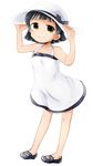  alternate_costume arare_(kantai_collection) black_bow black_hair blush bow dress flower full_body hands_on_headwear hat hat_bow heiwajima_izaya highres kantai_collection mary_janes no_socks shoes short_hair simple_background smile solo sun_hat sundress white_background white_dress yellow_eyes 