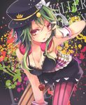  breasts cleavage green_hair gumi hat highres killer_lady_(vocaloid) kuroi_(liar-player) large_breasts legwear_under_shorts pantyhose red_eyes short_hair short_hair_with_long_locks shorts sidelocks solo striped striped_legwear vocaloid 