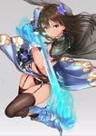  armor bikini_armor black_panties brown_hair cape flower garter_straps gloves glowing glowing_sword glowing_weapon granblue_fantasy green_eyes hair_flower hair_ornament highres idolmaster idolmaster_cinderella_girls long_hair midriff panties q_(ed69) shibuya_rin solo sword thighhighs underwear weapon 