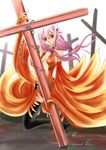  bare_shoulders black_legwear breasts center_opening chain cleavage cross detached_sleeves fingerless_gloves gloves guilty_crown hair_ornament hairclip long_hair looking_at_viewer navel pink_hair red_eyes solo thighhighs twintails yuzuriha_inori 