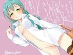  :p bad_id bad_twitter_id bottomless breasts drunk dutch_angle green_eyes green_hair hair_ornament hair_twirling hairclip kantai_collection long_hair medium_breasts naked_shirt open_clothes open_shirt panties panties_around_one_leg pink_background purple_background shirt solo suzuya_(kantai_collection) takehana_note thighhighs tongue tongue_out translation_request twitter_username underwear 