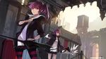  aisha_(elsword) bad_id bad_pixiv_id dual_persona dutch_angle elemental_master_(elsword) elsword highres hood hoodie multiple_girls pantyhose ponytail purple_eyes purple_hair skirt staff striped striped_legwear swd3e2 void_princess_(elsword) weapon wings 