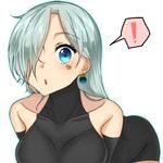  1girl bare_shoulders blue_eyes blush bodysuit earrings elizabeth_liones eyelashes grey_hair hair_over_one_eye jewelry leaning leaning_forward long_hair looking_at_viewer nanatsu_no_taizai simple_background solo speech_bubble ten_cws white_background 