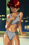  90s arm_rest brown_hair cowboy_shot dark_skin earrings hand_on_own_chest indoors jewelry light_smile looking_at_viewer navel night non-web_source red_eyes shiny shiny_skin short_hair solo sports_bra super_real_mahjong tanaka_ryou toono_mizuki underwear underwear_only window 