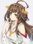  ahoge bad_id bad_twitter_id bare_shoulders brown_hair closed_mouth collarbone detached_sleeves double_bun grey_background hair_ornament hairband headgear japanese_clothes kantai_collection kawata_hisashi kongou_(kantai_collection) long_hair looking_at_viewer nontraditional_miko portrait ribbon-trimmed_sleeves ribbon_trim smile solo 