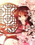  ahoge axis_powers_hetalia bangs bare_shoulders blurry blush branch brown_eyes brown_hair cherry_blossoms china_dress chinese_clothes depth_of_field dress expressionless flower hair_between_eyes hand_to_own_mouth highres huge_ahoge lattice lips long_hair looking_at_viewer petals pink_dress q-chiang round_window sleeveless sleeveless_dress solo taiwan_(hetalia) upper_body window 