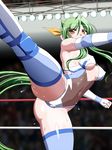  blue_legwear breasts cleavage_cutout crowd fingerless_gloves flying_sweatdrops gloves high_kick kicking large_breasts leotard long_hair navel noppo-san o-ring sakurai_chisato skin_tight stage_lights sweat thighhighs thighs very_long_hair wrestle_angels wrestle_angels_survivor wrestling_outfit wrestling_ring 