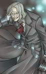  briefcase crazy_eyes gloves grin hand_on_own_face long_hair looking_at_viewer mado_kureo neckerchief necktie smile solo tokyo_ghoul trench_coat white_gloves white_hair 