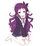  barefoot blush cardigan feet hanayamata legs long_hair looking_at_viewer plaid plaid_skirt purple_eyes purple_hair sasame_yaya school_uniform skirt solo tarabagani 