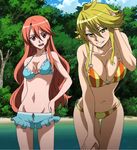  2girls akame_ga_kill! bikini blonde_hair breasts brown_hair candy chelsea_(akame_ga_kill!) cleavage highres large_breasts leone lollipop long_hair looking_at_viewer medium_breasts multiple_girls open_mouth red_eyes smile standing stitched swimsuit thighs yellow_eyes 