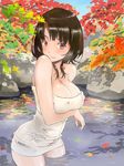  black_hair breast_hold breasts covered_nipples day hand_on_own_stomach kantai_collection large_breasts leaf light_smile maple_leaf maple_tree mole mole_on_breast naked_towel onsen outdoors red_eyes short_hair solo standing takao_(kantai_collection) towel tree wading yunsuku 