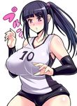  blush breasts huge_breasts long_hair megane_man original parted_lips ponytail purple_eyes purple_hair sidelocks simple_background solo sportswear volleyball_uniform white_background 