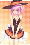  :o argyle argyle_background bare_shoulders blue_eyes blush breasts cleavage flying_sweatdrops hat hat_ribbon kaiza_(rider000) looking_at_viewer medium_breasts original pink_hair ribbon short_hair skirt solo sweatdrop witch_hat 