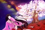  black_hair bow cherry_blossoms covering_mouth flower full_moon hime_cut houraisan_kaguya japanese_clothes kimono long_hair looking_up moon night pink_moon red_eyes sash solo space spider_lily tohoho_(hoshinoyami) touhou very_long_hair wide_sleeves 