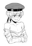  androgynous bangs bare_shoulders blush breasts camisole clothes_down clothes_writing collarbone embarrassed greyscale hat kantai_collection long_sleeves looking_down monochrome nathaniel_pennel off_shoulder sailor_hat shirt short_hair simple_background small_breasts solo sweatdrop upper_body very_short_hair white_background z1_leberecht_maass_(kantai_collection) 
