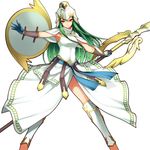  :&lt; absurdres armor athena_(p&amp;d) breastplate dean dress gloves green_hair helmet highres holding holding_weapon long_hair outline polearm puzzle_&amp;_dragons red_eyes shield simple_background solo spear vambraces weapon white_background white_dress 