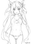  greyscale i-19_(kantai_collection) kantai_collection long_hair monochrome one-piece_swimsuit school_swimsuit standing swimsuit twintails v very_long_hair yukinon_(tsuki_koubou) 