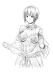  :/ bangs breasts collarbone cowboy_shot expressionless greyscale hyuuga_(kantai_collection) kantai_collection latex medium_breasts monochrome nathaniel_pennel ribbon sash short_hair simple_background skin_tight skirt solo undressing upper_body white_background 