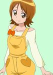  brown_eyes brown_hair eyelashes green_background happinesscharge_precure! happy looking_at_viewer manji_(tenketsu) oomori_yuuko overalls precure shirt simple_background sketch smile solo 