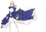  ahoge artoria_pendragon_(all) blonde_hair blue_dress breasts cleavage crease dress expressionless fate/stay_night fate_(series) green_eyes highres kizuki_aruchu long_sleeves looking_at_viewer medium_breasts pantyhose puffy_long_sleeves puffy_sleeves saber scan scan_artifacts short_hair sidelocks simple_background solo white_background white_legwear 