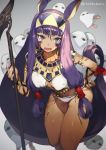  1girl animal_ears bracelet breasts cleavage dark_skin earrings egyptian_clothes eyebrows_visible_through_hair facial_mark fate/grand_order fate_(series) fingernails hand_on_hip hoop_earrings jackal_ears jewelry leaning_forward long_fingernails long_hair looking_at_viewer medjed navel nitocris_(fate/grand_order) open_mouth purple_eyes purple_hair sidelocks solo staff toridamono usekh_collar very_long_hair 