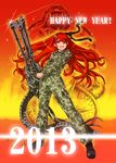  2013 ah-1_cobra ammunition_belt bad_id bad_pixiv_id boots breasts camouflage combat_boots fujisawa_takashi full_body gatling_gun gun hair_ornament hairclip happy_new_year headset japan_air_self-defense_force japan_self-defense_force kisarazu_akane long_hair military military_uniform new_year open_mouth original red_eyes red_hair shell_casing small_breasts solo standing uniform very_long_hair weapon 