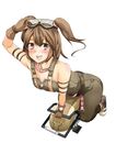  :d adjusting_goggles arm_support armlet bare_shoulders brown_hair collar gloves goggles goggles_on_head highres leaning_forward looking_at_viewer ole_tower open_mouth overalls rammer_(ole_tower) short_hair simple_background smile solo straddling tenko_(gintenko) twintails white_background 