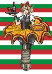  1girl alcohol blonde_hair bloomers bottle cheese cup drink food food_on_head food_print food_themed_clothes fork grey_eyes italian_flag italy object_on_head open_mouth original pasta personification pizza sauce skirt smile solo spaghetti tomato tray underwear wine wrist_cuffs 