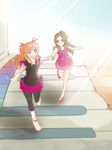  arakawa_tarou black_shirt blue_eyes blush dress eyelashes green_eyes green_hair happy highres holding holding_hands houjou_hibiki long_hair looking_at_another minamino_kanade multiple_girls open_mouth orange_hair pink_dress pink_skirt precure running shirt shoes skirt smile suite_precure 