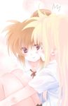  2girls artist_request blonde_hair blush brown_hair couple fate_testarossa female long_hair lyrical_nanoha mahou_shoujo_lyrical_nanoha mahou_shoujo_lyrical_nanoha_a&#039;s mahou_shoujo_lyrical_nanoha_a's multiple_girls rururu. school_uniform seven_arcs simple_background smile surprised takamachi_nanoha uniform yuri 