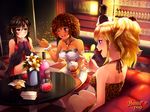  ;) aiko_yumi animal_print bare_shoulders black_hair blonde_hair blue_eyes blush bottle bracelet breasts brown_eyes brown_hair cleavage cocktail cocktail_glass commentary cup dark_skin dress drinking_glass earrings eyeliner halterneck hands_clasped highres hoop_earrings huniepop jessie_maye jewelry kaskia large_breasts leopard_print lola_rembrite long_hair makeup mature multiple_girls necklace off-shoulder_sweater official_art one_eye_closed own_hands_together ponytail promotional_art red_dress ringlets short_dress short_hair sitting smile strapless strapless_dress sweater watermark white_dress 