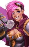 armor breastplate breasts caitlyn_(league_of_legends) capelet carlos_eduardo character_name chibi chibi_inset cleavage ear_piercing eyebrows eyelashes facial_tattoo goggles goggles_on_head grin large_breasts league_of_legends lips mechanical_arms nose nose_piercing oversized_forearms oversized_limbs pauldrons piercing pink_hair punk purple_eyes short_hair smile solo tattoo upper_body vi_(league_of_legends) 