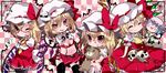  4girls :d \m/ adapted_costume alternate_costume ascot asymmetrical_hair asymmetrical_wings bat_wings bespectacled black_legwear blonde_hair blush bubble_skirt chibi closed_eyes crossed_arms double_\m/ fingerless_gloves flandre_scarlet four_of_a_kind_(touhou) glasses gloves hair_ornament hat kayama_benio long_sleeves looking_at_viewer looking_away low_wings midriff miniskirt mob_cap multiple_girls multiple_persona navel necktie object_hug open_mouth puffy_long_sleeves puffy_short_sleeves puffy_sleeves red_eyes remilia_scarlet short_hair short_sleeves side_ponytail side_slit sitting skirt skull_hair_ornament smile symbol-shaped_pupils thighhighs tongue tongue_out touhou variations wings wrist_cuffs yukkuri_shiteitte_ne 