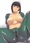  1girl belly breasts breasts_apart catsuit character_request copyright_request ganto large_breasts navel short_hair simple_background solo 