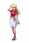 blonde_hair breasts cleavage flower front-tie_top fujisawa_takashi full_body green_eyes hair_flower hair_ornament large_breasts long_hair mary_janes midriff navel red_skirt rita_berett shoes skirt smile solo standing taiyou_no_kiba_dougram tan white_background 