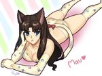  :&lt; animal_ears ass blue_eyes blush bra breasts brown_hair cat_ears cat_tail chin_rest cleavage elbow_gloves fate/stay_night fate_(series) gloves hair_down kemonomimi_mode lilirulu long_hair lying on_stomach panties paw_print solo tail thighhighs toosaka_rin underwear 