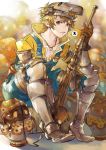  1boy armored_boots boots brown_hair gloves gran_(granblue_fantasy) granblue_fantasy highres jar looking_at_viewer male_focus mechanic_(granblue_fantasy) overalls sitting solo soysae welding_mask 
