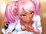  1girl assertive blush breasts cleavage dark_skin eye_contact eyelashes fingernails gachinko!_bitch_club game_cg ganguro handjob highres large_breasts licking_lips lips looking_at_another looking_at_viewer naughty_face penis pov seductive_smile shiny shiny_skin smile thick tongue tongue_out 