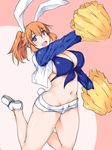  alternate_hairstyle animal_ears blue_eyes blush breasts bunny_ears bunny_tail charlotte_e_yeager cleavage dallas_cowboys front-tie_top holding jacket jumping kuronyan large_breasts legs_up long_hair long_sleeves national_football_league navel open_mouth orange_hair pom_poms ponytail short_shorts shorts sideboob skindentation solo strike_witches tail world_witches_series 