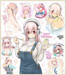  bikini blush breasts cake cleavage food headphones large_breasts long_hair looking_at_viewer minoa_(lastswallow) navel nitroplus one_eye_closed open_mouth overalls pink_hair red_eyes ribbed_sweater smile solo super_sonico sweater swimsuit thighhighs tsuji_santa 