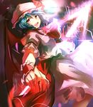  ascot bad_id bad_pixiv_id blue_hair hat hat_removed headwear_removed hizagawa_rau nail_polish open_mouth polearm red_eyes red_nails remilia_scarlet sash solo spear touhou weapon wrist_cuffs 