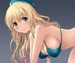  adapted_costume atago_(kantai_collection) bent_over beret bikini blonde_hair blue_bikini blush bow bow_bikini breasts gradient gradient_background green_eyes hanging_breasts hat kantai_collection large_breasts long_hair looking_at_viewer outstretched_arms parted_lips shian_(my_lonly_life.) simple_background smile solo swimsuit 