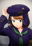  arm_up brown_hair cojibou cuff_links green_eyes hand_on_headwear hat looking_at_viewer minamimi-san open_mouth original short_hair solo 
