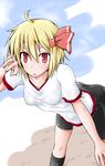  alternate_costume bent_over bike_shorts blonde_hair breasts gym_uniform hair_ribbon kirino_souya looking_at_viewer medium_breasts open_mouth red_eyes ribbon rumia shirt short_sleeves solo touhou 